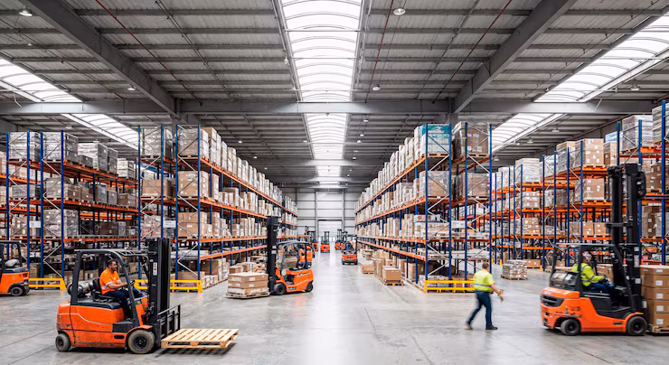 Calypso wholesale warehouse — forklifts and stocked shelving